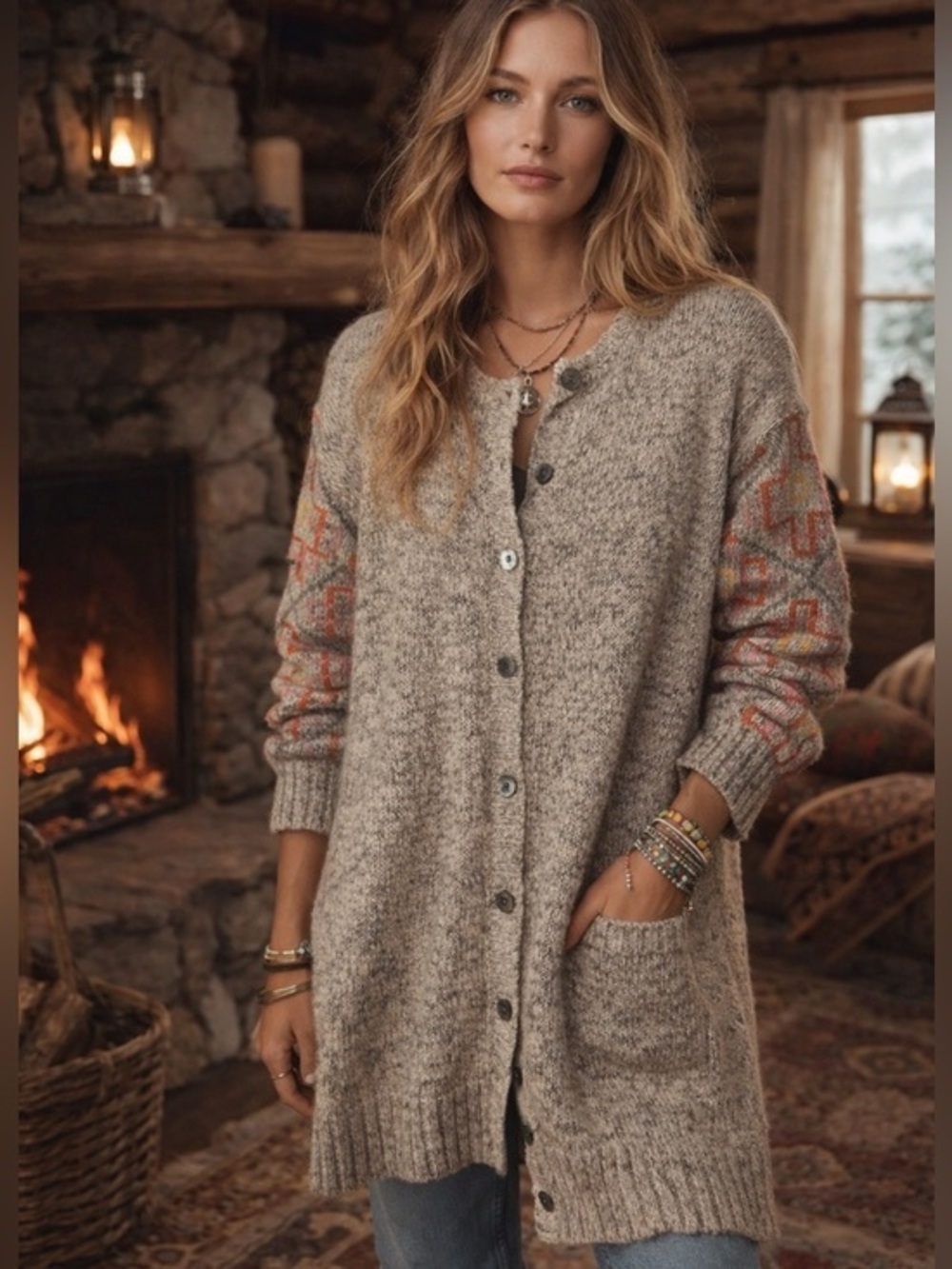 Sundance Geometric Sleeves Longline Wool Blend Cream Cardigan Pearl Buttons S